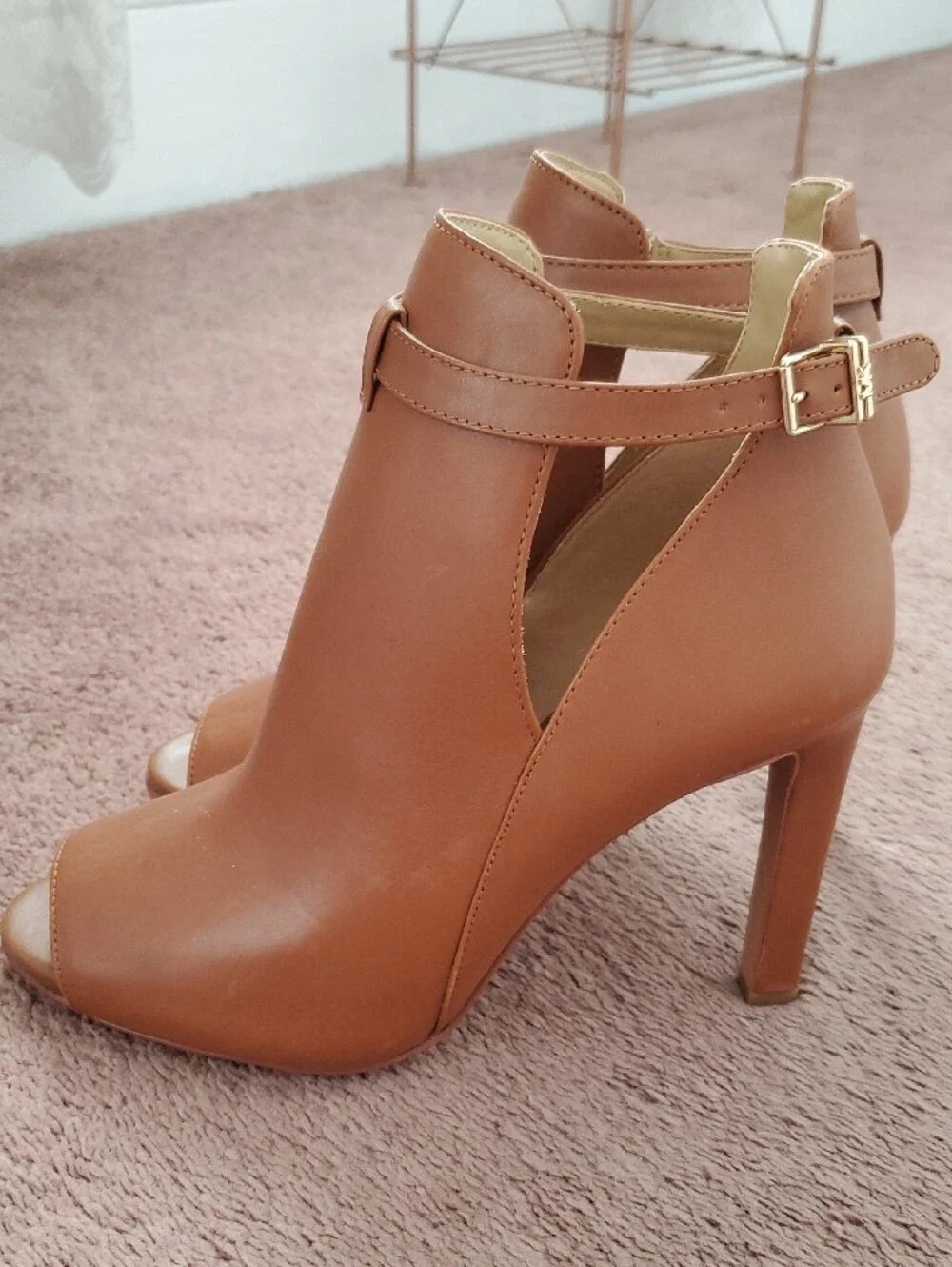 MICHAEL Michael Kors Peep-Toe Ankle Booties with Gold Buckle